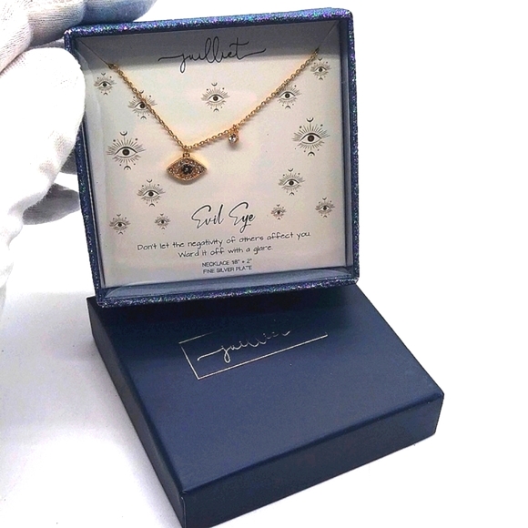 Juilliet Silver Plated Gold Hamsa Evil Eye with CZ Semi Precious Necklace Boxed - Picture 1 of 3